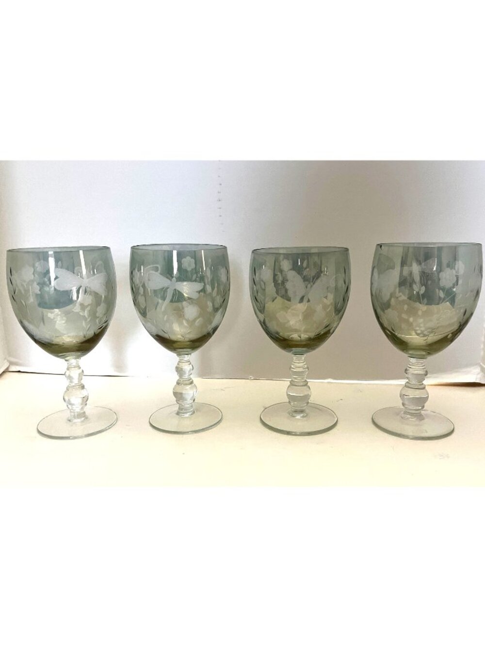 Iridescent Blue Green Wine Glasses Etched Butterfly & Flowers Set of 3 Vintage
